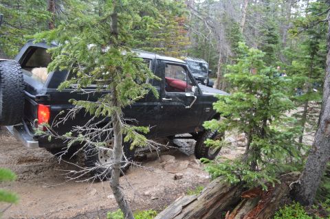 1983 Ford Bronco - A black SUV is shown navigating a challenging, rocky trail in a wooded area.