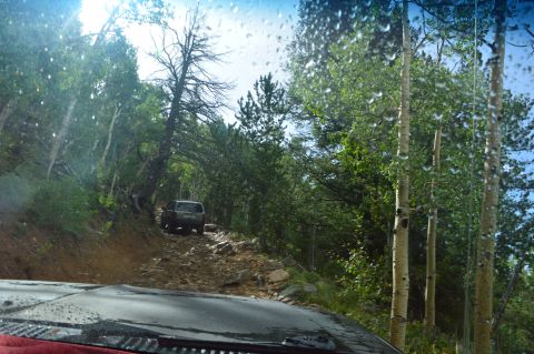 1983 Ford Bronco - An SUV navigates a challenging, rocky dirt road through a forest, viewed from the perspective of another vehicle.