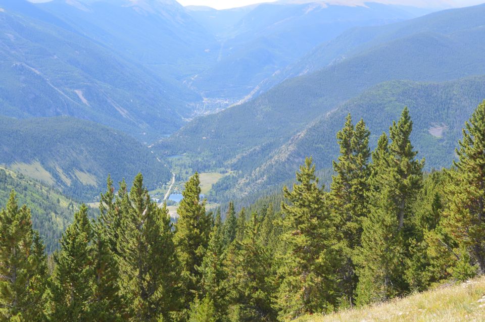 Mountain valley with trees in foreground and a distant town