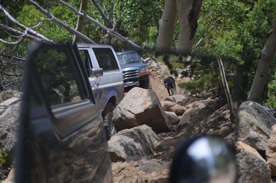 Two SUVs navigating a rocky off-road trail; one is a 1992-1996 Ford Bronco, the other is a 1992-1997 Ford F-Series truck
