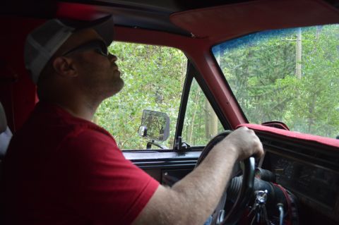 1983 Ford Bronco - Driver looks up from behind the wheel of a 1983 Ford Bronco, with trees visible through the windshield.