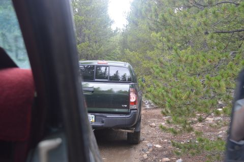 1983 Ford Bronco - A dark green pickup truck navigates a wooded trail, seen from the perspective of a following vehicle.