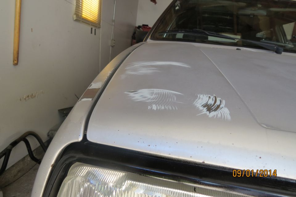 Silver car front end, hood open, headlight visible