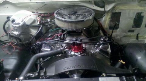 1982 Ford Bronco - Engine compartment with chrome air cleaner and red distributor cap. Visible text 'CAUTION'.