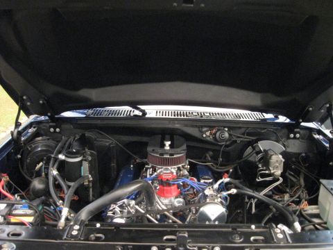 1982 Ford Bronco - Engine bay of a 1982 Ford Bronco, a V8 engine with aftermarket components.