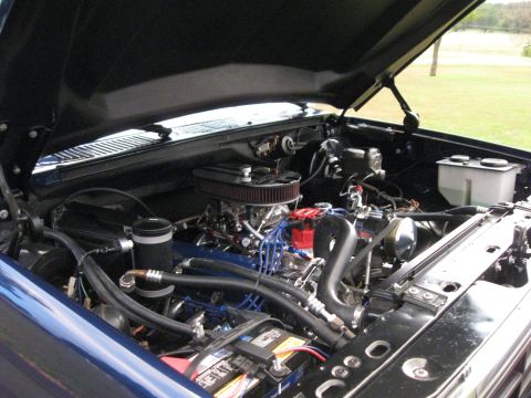 1982 Ford Bronco - Close-up view of a modified V8 engine with various aftermarket parts installed.