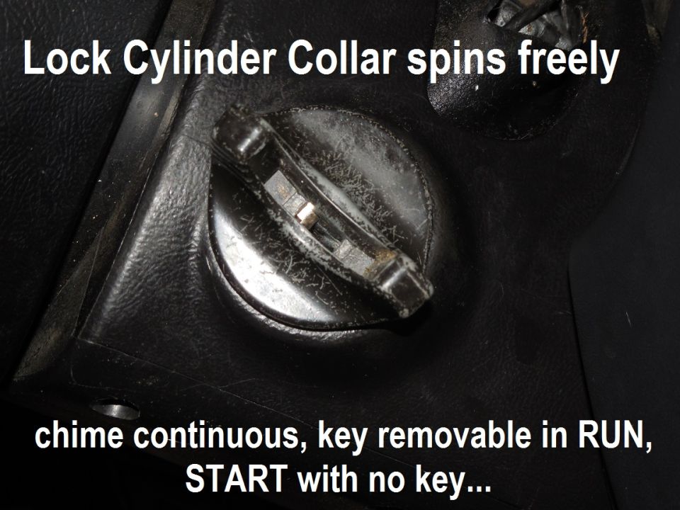 Close-up of worn ignition lock cylinder collar in black steering column with diagnostic text overlay