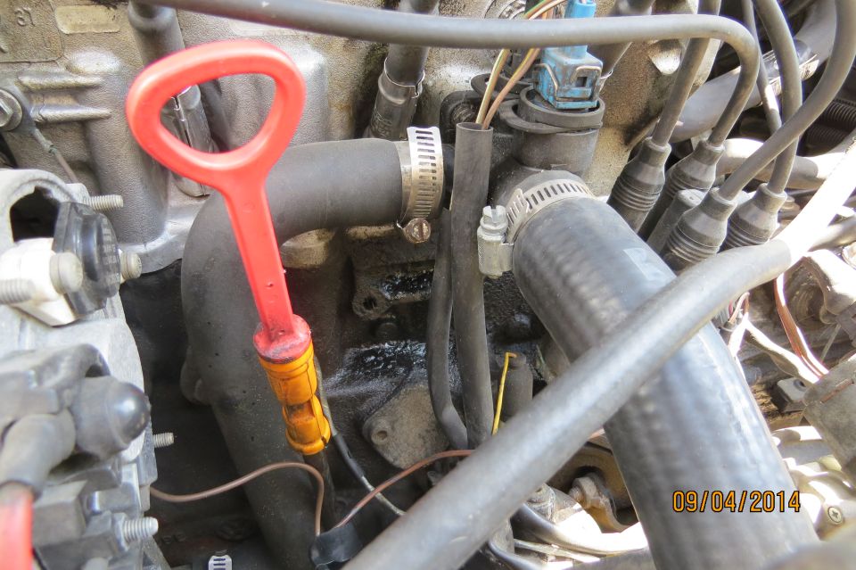 Close-up of an engine bay, showing an orange oil dipstick and various hoses and wires