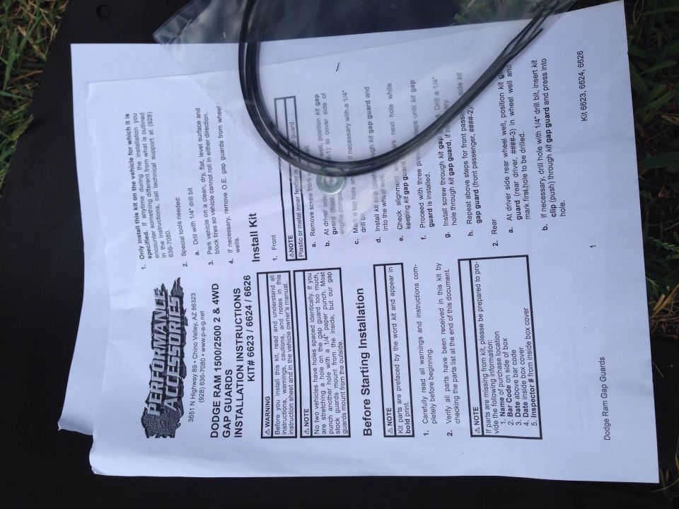 Installation instructions document for Dodge Ram 1500/2500 & 4WD gap guards, kit #6623/6624/6626