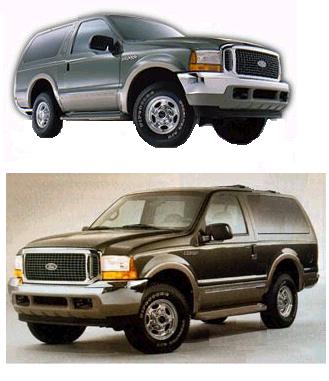 1978 Ford Bronco - Two Ford Excursions are pictured, one in green and silver, the other in brown.