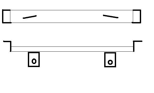 Two-view line drawing of a fabricated crossmember part with mounting holes