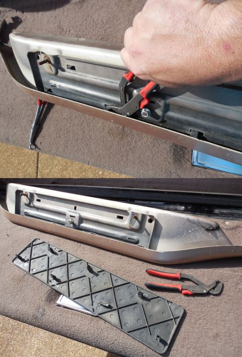 1983 Ford Bronco - The first step is to remove the tread pad (F2TZ16490A) so it's not damaged by drilling. Pinch the retainers while either pushing them throu…