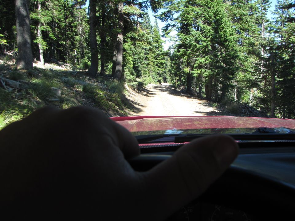 Interior view of red vehicle on forest road. "SUPERMOTORS" text visible