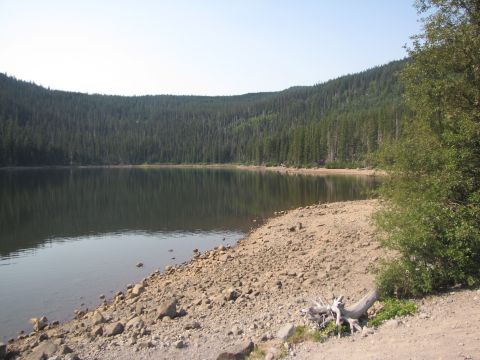 1992 Ford F-150 - A tranquil lake scene with a rocky shoreline and a backdrop of a dense, evergreen forest.