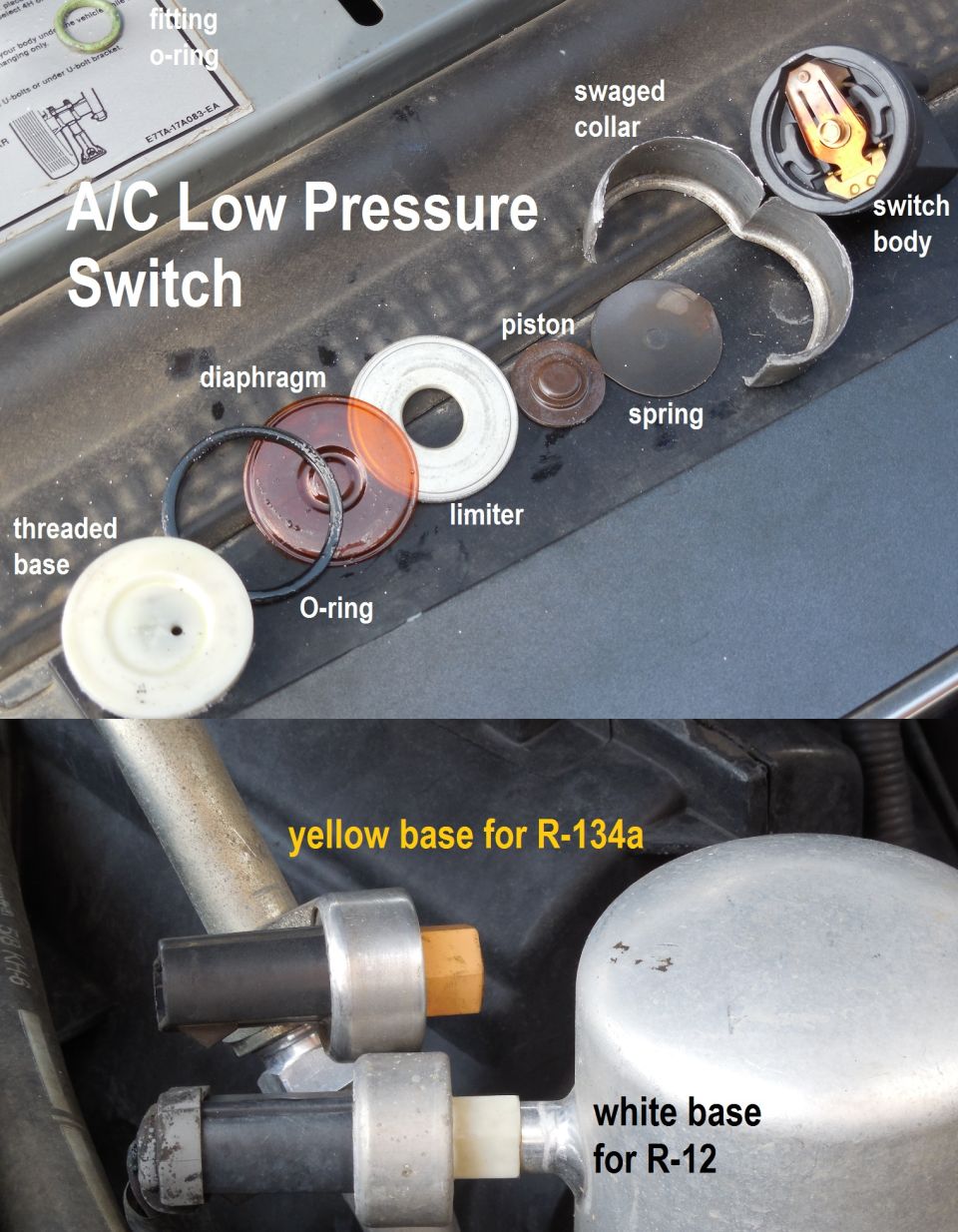 Disassembled A/C low pressure switch parts labeled, plus yellow R-134a and white R-12 switches on accumulator
