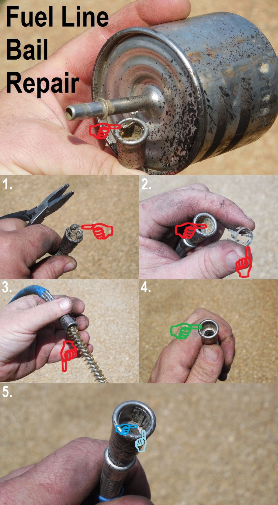Fuel Line Bail Repair collage showing fuel filter and quick-connect fitting cleaning steps