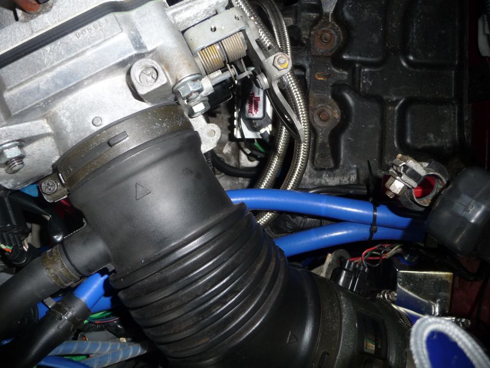Throttle body and blue hoses in engine bay