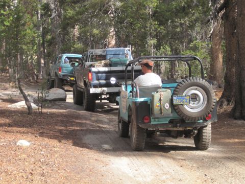 1989 Ford Bronco - A teal Jeep and a blue Ford Bronco drive down a dirt road in a wooded area.