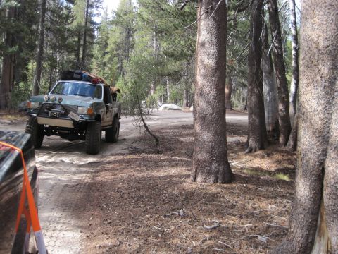 1989 Ford Bronco - Modified 1989 Ford Bronco loaded with camping gear drives on a dirt road through a forest.