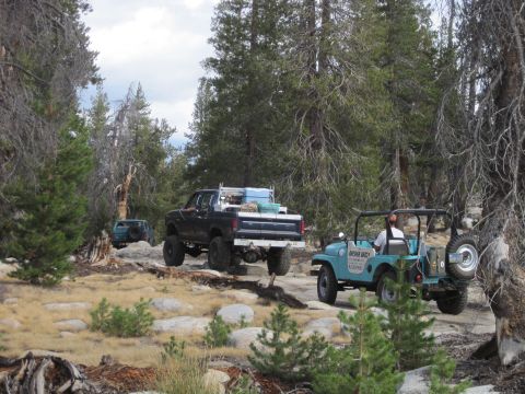 1989 Ford Bronco - Multiple off-road vehicles navigate a challenging trail through a forest with rocky terrain.