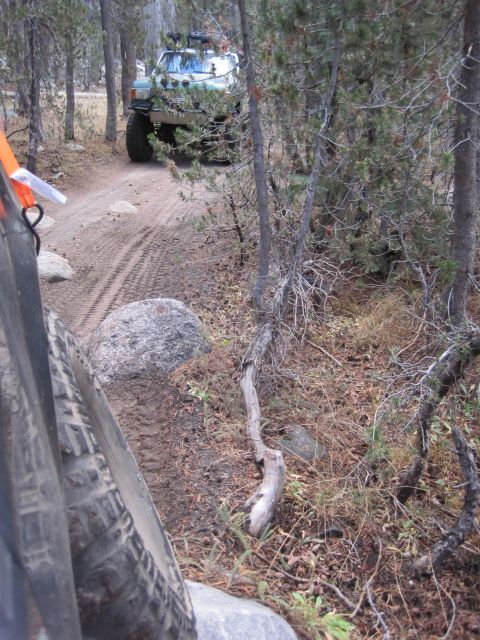 1989 Ford Bronco - Two vehicles navigate a dirt track through a wooded area, with one vehicle in the foreground and another in the distance.
