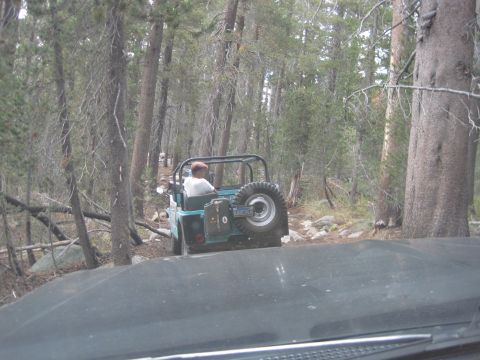 1989 Ford Bronco - A teal Jeep CJ-7 navigates a rocky forest trail, seen from another vehicle.