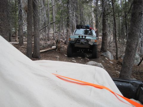 1989 Ford Bronco - A modified light blue SUV navigates a wooded trail, equipped for off-road adventure.