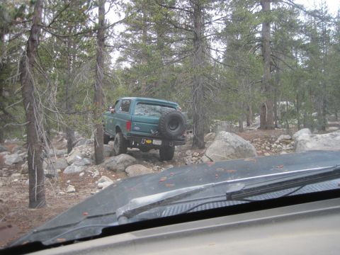 1989 Ford Bronco - A green SUV navigates a rocky, wooded trail.