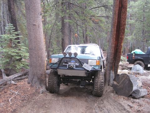 1989 Ford Bronco - A lifted green Ford Bronco navigates a narrow forest trail, with another vehicle visible in the background.