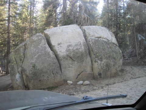 1989 Ford Bronco - A view from inside a vehicle shows large, cracked boulders on a dirt road surrounded by trees.