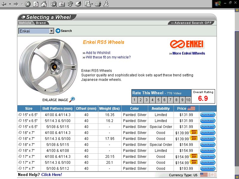 Wheel selection page showing Enkei RS5 wheels with specs and prices