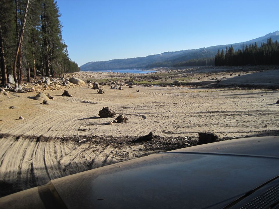 Dark vehicle hood in foreground, dry lake bed with tree stumps and distant water