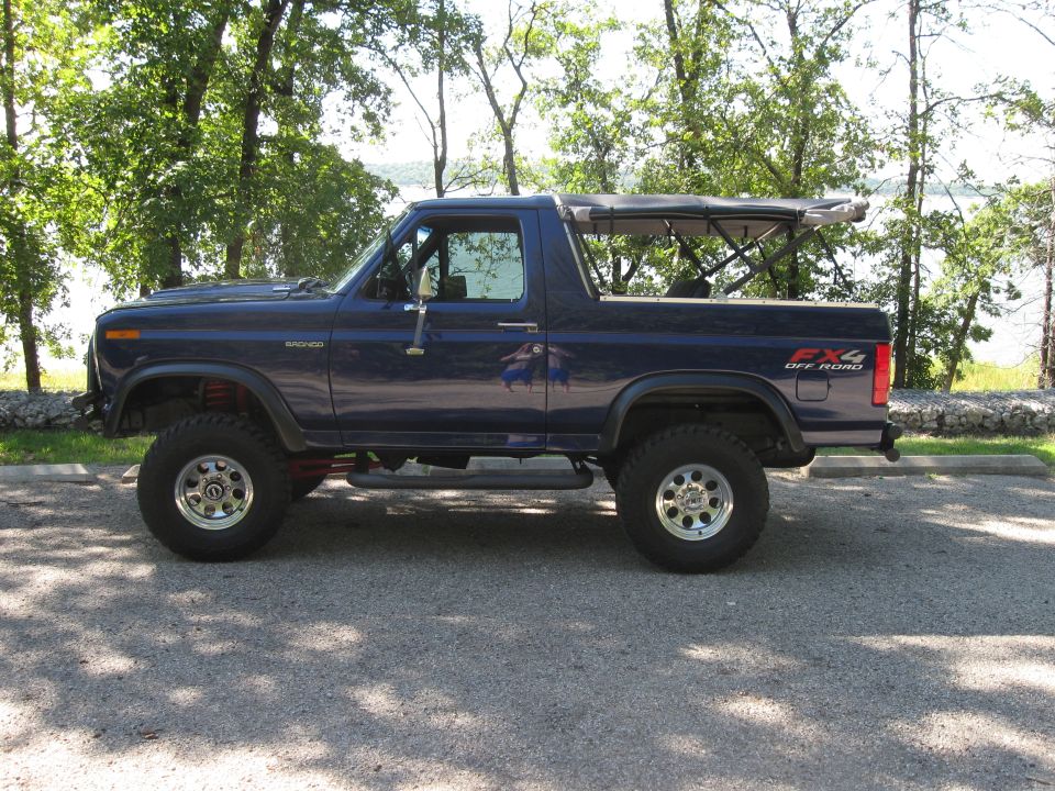 Blue 1982 Ford Bronco side view with FX4 off-road decal