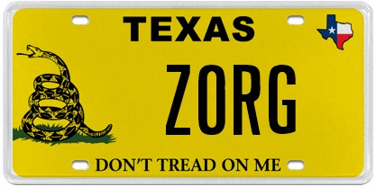 2000 Mercury Grand Marquis - Texas license plate displays 'ZORG' and the Gadsden flag's 'Don't Tread On Me' slogan.