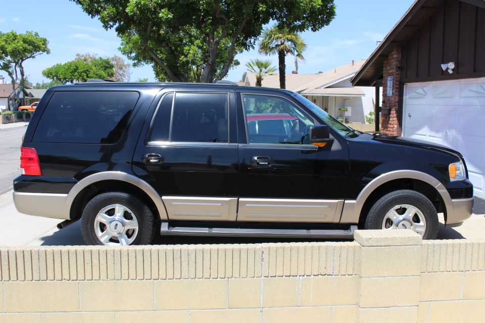 Side view of a black 2003 Ford Expedition with tan trim parked in a driveway