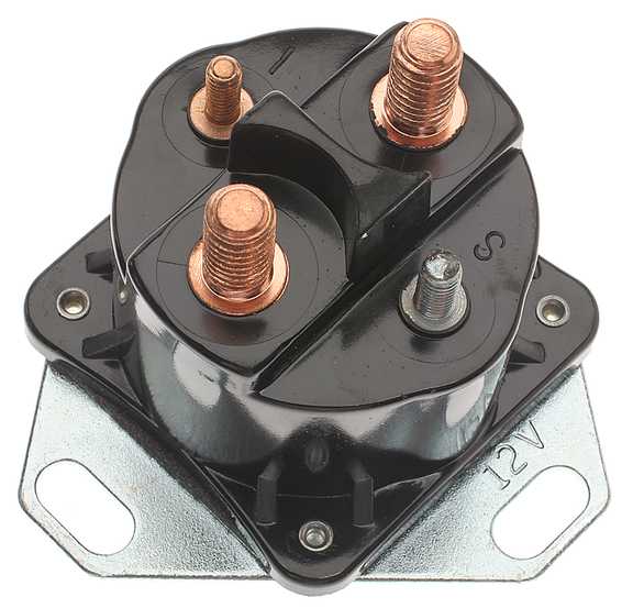 Black 12V starter relay solenoid with copper terminals and steel mounting bracket
