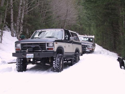 1991 Ford Bronco - A two-tone Ford Bronco navigates a snowy trail, with another Bronco following behind and a dog watching.