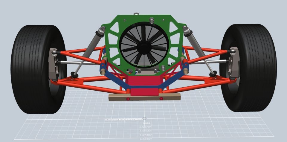 3D CAD front view render of dual-wheel suspension with central bracket and fan
