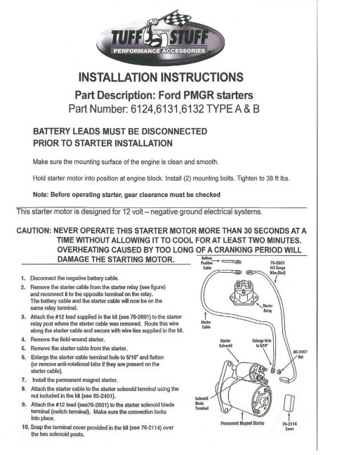 1990 Ford Bronco - Installation instructions document for a Ford PMGR starter motor kit, detailing wiring and mounting steps.