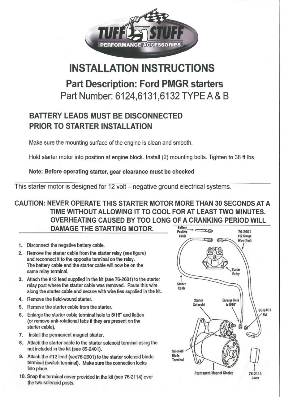 Tuff Stuff Ford PMGR starter installation instructions, PN 6124/6131/6132 Type A & B