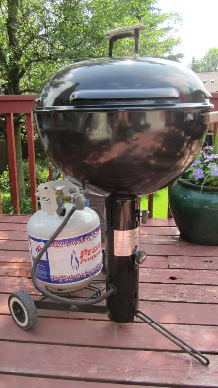 2008 Ford F-250 - A propane grill with a full propane tank is shown on a wooden deck, with greenery in the background.