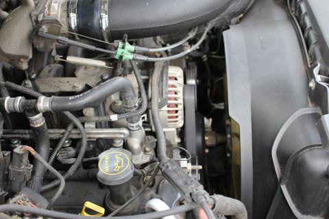 2003 Ford Expedition - Close-up view of an engine bay, showing various components like hoses, the alternator, and the fan shroud.