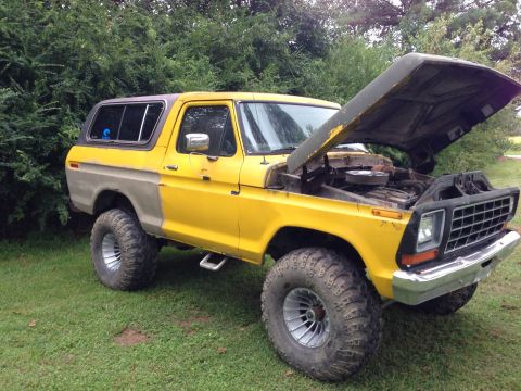 1979 Ford Bronco - This 1978 Ford Bronco is parked on grass with its hood raised, revealing the engine compartment.
