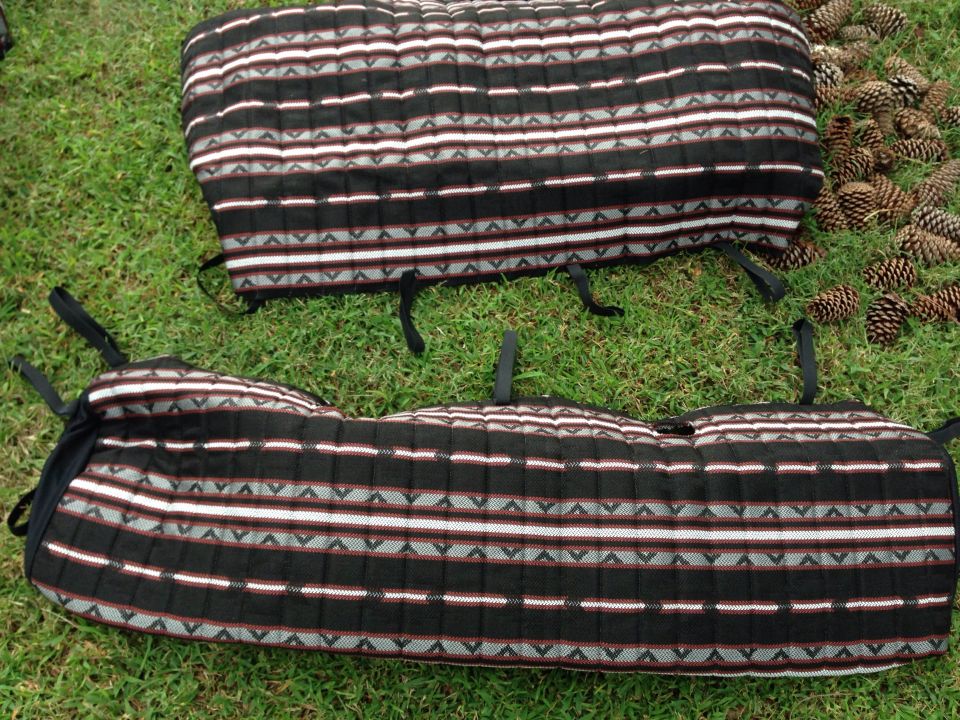Seat covers with striped pattern and straps