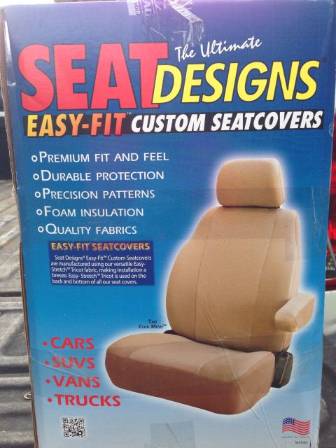 1979 Ford Bronco - Box art for Seat Designs Easy-Fit Custom Seatcovers, detailing features and vehicle applications.