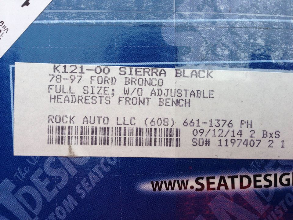 Label for 78-97 Ford Bronco seat cover from Rock Auto