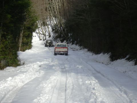 1991 Ford Bronco - Two SUVs navigate a snowy path through a dense forest during winter.
