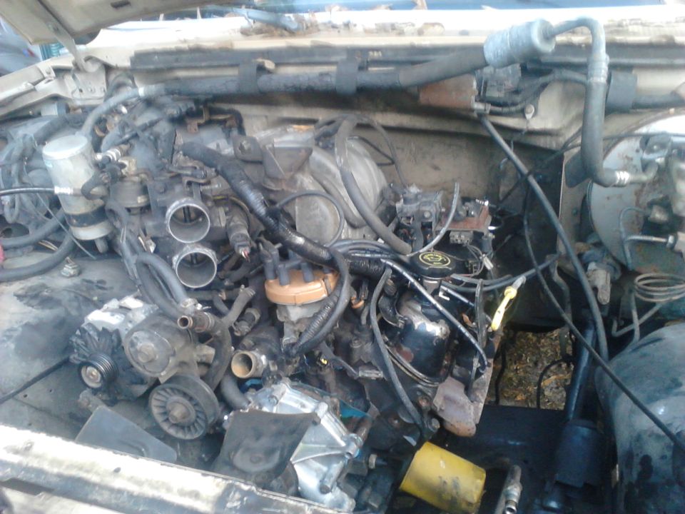 Dirty engine bay with intake removed, exposed throttle body, distributor, belts and wiring