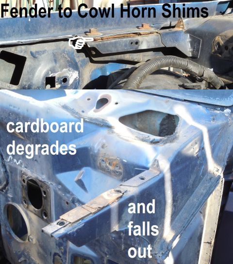 1983 Ford Bronco - Ford used cardboard shims between the fenders & cowl horns.