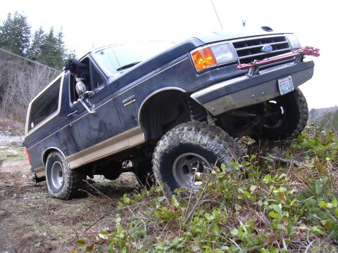 1991 Ford Bronco - A lifted Ford Bronco navigates an off-road trail with a dog in the driver's seat.